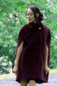 Bluesuits Burgandy Faux Fur Double Breasted Cape Coat with Butterfly Button Bluesuits Burgandy Faux Fur Double Breasted Cape Coat with Butterfly Button
